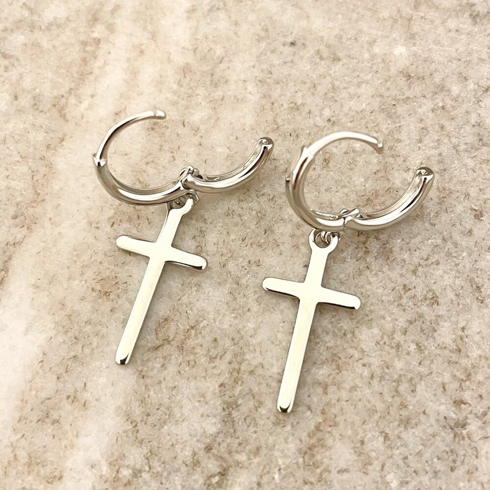 925 Sterling Silver Cross Earrings Cross Huggie Hoop Earrings Minimalist Hoops - Picture 3 of 5